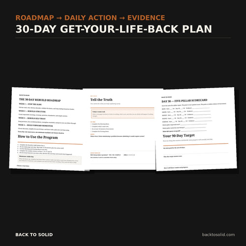 Back to Solid 30-Day Get-Your-Life-Back Plan — rebuild roadmap, daily action page, and Day 30 scorecard